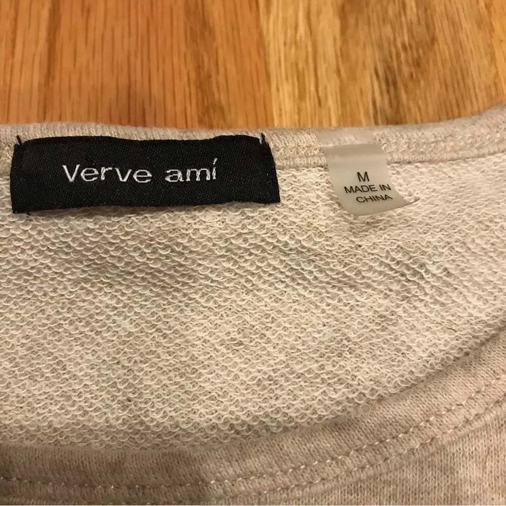 Verve Ami medium Sweater Top Tan Knit Lace Trim Boxy